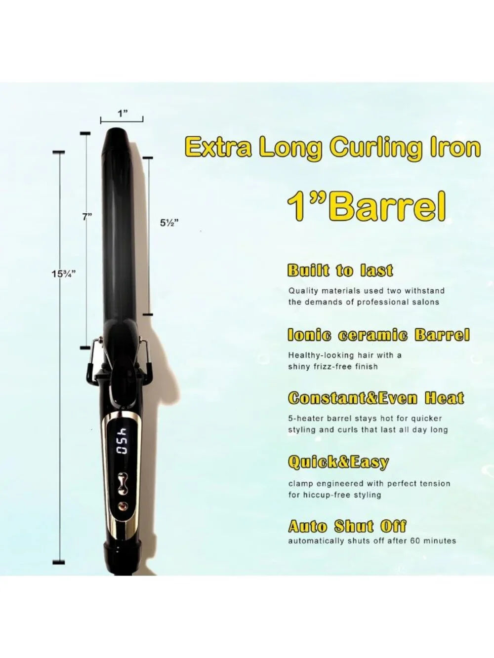 1-Inch Extra Long Barrel Curling Iron with Clamp & Instant Heat Up to 450°F